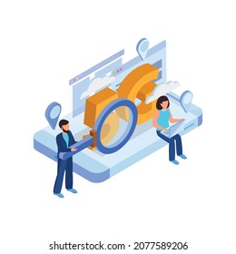 5g internet isometric composition with image of smartphone with sitting people and hand glass vector illustration
