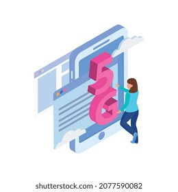 5g composición isométrica de Internet con imagen de smartphone con pantallas de contenido e ilustración vectorial de caracteres femeninos