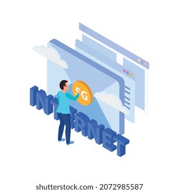 5g internet isometric composition with male character touching 5g button on big envelope screen with text vector illustration