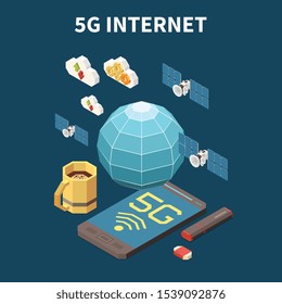 5g internet isometric concept with 3d satellites usb flash card and smartphone vector illustration