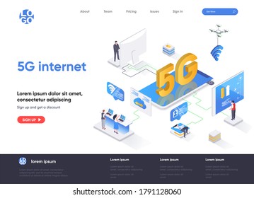 5G Internet isometrische Landungsseite. Mobiltelekommunikation, Technologiestandard der 5G-Generation, Website für zelluläre Netzwerke, Isometrie. Website flache Vorlage, Vektorgrafik mit Menschen Zeichen.