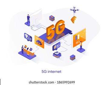 5G Internet isometric web banner. Mobile telecommunication system isometry concept. 5G generation standard 3d scene, cellular network technology flat design. Vector illustration with people characters