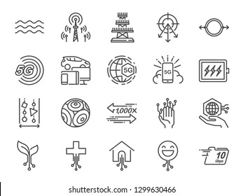 5G Internet Line Icon Set. Included Icons As IOT, Internet Of Things, Bandwidth, Signal, Devices And More.