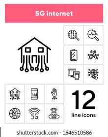5G internet line icon set. Smartphone, globe, signal analysis. Communication concept. Can be used for topics like technology, connection, telecommunication