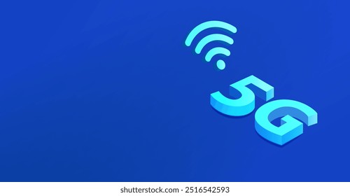 5G internet network banner. Wireless hi-speed isometric background. 5G and Wifi 3d lighting symbol. Vector illustration.