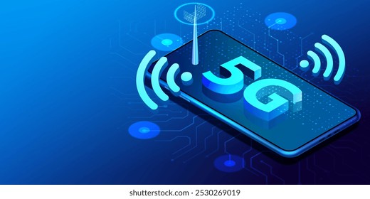 Comunicación de red de Internet 5G con teléfono móvil y torre inalámbrica de alta velocidad en el fondo isométrico de la placa de circuito. Símbolo 5G 3d con velocidad de la luz. Ilustración vectorial.