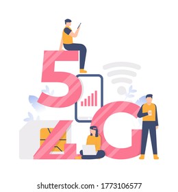 5G internet network concepts, technological developments. illustration of people moving from 4G to 5G networks on their gadgets. flat design. can be used for elements, landing pages, UI, website