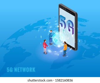5G internet new mobile wireless technology wifi connection. Isometric smartphone with Earth planet letters 5g and tiny people. Fifth innovative generation of the global high speed Internet network