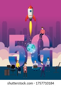 5G internet new mobile wireless technology wifi connection. Start rocket tine people city letters 5g. Fifth innovative generation of the global high speed Internet network. Vector concept illustration