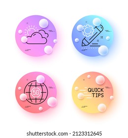 5g internet, Project edit and Sunny weather minimal line icons. 3d spheres or balls buttons. Education icons. For web, application, printing. Wifi communication, Settings, Summer. Quick tips. Vector
