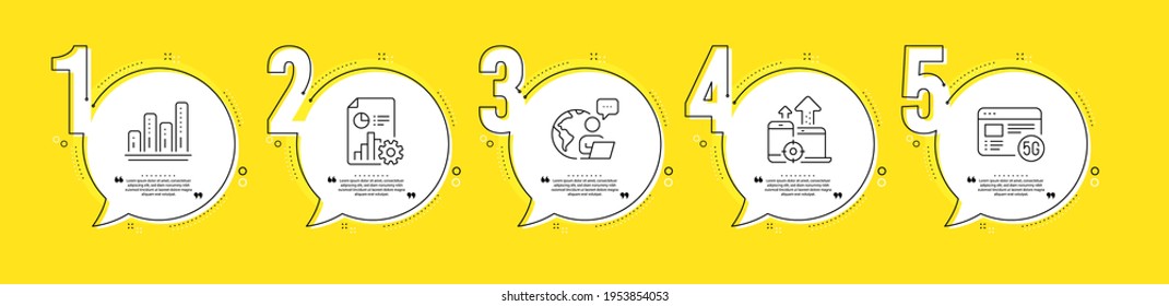 5g Internet, dispositivos Seo e iconos de la línea de informe. Información del proceso de línea de tiempo. Signo de gráfico de gráficos. Calidad Wifi, estadísticas móviles, documento de presentación. Informe de crecimiento. Conjunto de ciencia. Vector