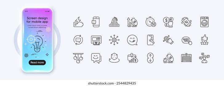 5g internet, ideia Seo e ícones de linha de imposto embutido para aplicativo web. Tela de gradiente de maquete de telefone. Pacote de estacionamento garagem, rosto de sorriso, Smartphone reparação pictograma ícones. Vetor