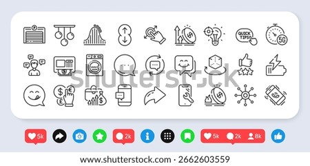 5g internet, Seo idea and Excise duty line icons pack. Social media: share, comment, like icons. Parking garage, Smile face, Smartphone repair web icon. Vector