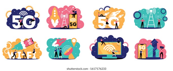 5g internet set of eight isolated compositions with human characters text and fast mobile connection pictograms vector illustration