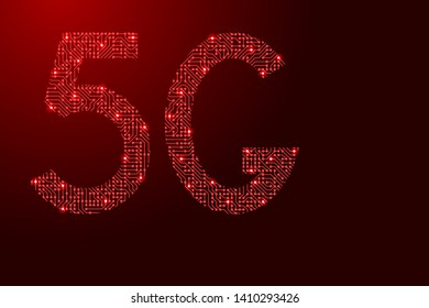 5G internet symbol icon network sign from printed board, chip and radio component with red star space on the contour for banner, poster . Computer electronics processor motherboard.