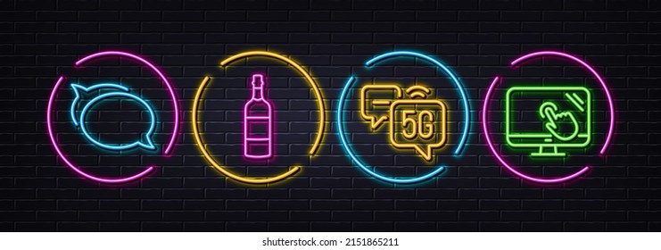 5g internet, Talk bubble and Brandy bottle minimal line icons. Neon laser 3d lights. Touch screen icons. For web, application, printing. Wifi technology, Chat message, Whiskey. Web support. Vector