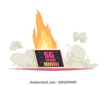 5g internet technology composition with isolated image of laptop with rocket flame and smoke vector illustration