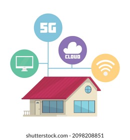 5g Internettechnologiezusammensetzung mit isoliertem Bild des Hauses mit Flussdiagramm mit runden Konnektivitätssymbole Vektorgrafik