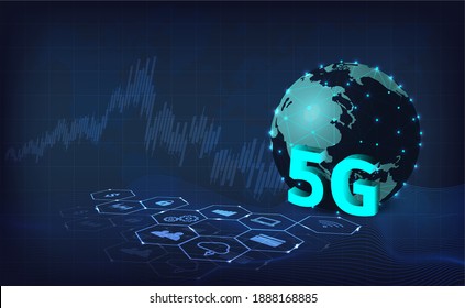 Concepto de tecnología de Internet 5G con negocios. Conexión inalámbrica a Internet inalámbrica 5G de alta velocidad global con empresas. Ilustración vectorial 3d.