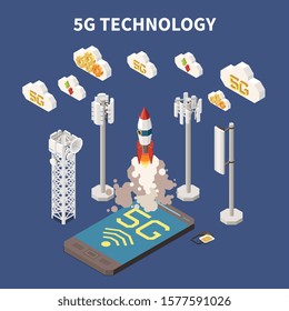 5g internet technology isometric concept on blue background 3d vector illustration