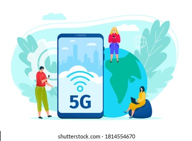 5g internet technology vector illustration. Global data connection and communication. People with mobile devices are sitting around big phone with 5G wireless network. High speed of new generation.