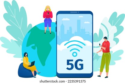 5g ilustración vectorial de tecnología de internet. Conexión y comunicación de datos globales. La gente con dispositivos móviles está sentada alrededor de un teléfono grande.