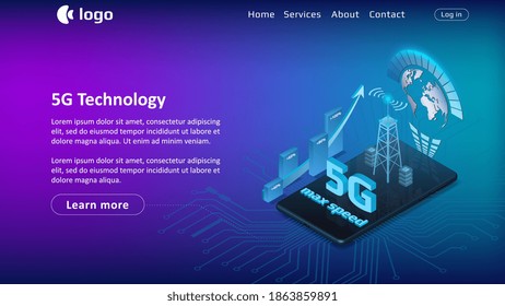 5G internet technology website template with isometric phone on blue background. Up arrow with percentage bars and signal tower. Vector illustration.