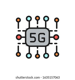 5G internet technology, wireless chip flat color line icon.