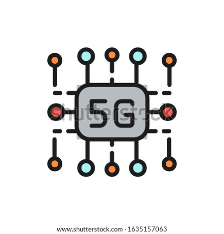 5G internet technology, wireless chip flat color line icon.