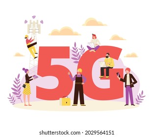 5G Internet telecommunication wireless service. Mobile 5G network signal of global broadcasting technology, flat vector illustration isolated on white background.