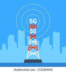 5G internet tower on the background of the city. flat vector illustration.