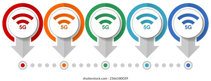 5G internet wireless communication, network vector icon set, flat design infographic template, set pointer concept icons in 5 color options for webdesign and mobile applications