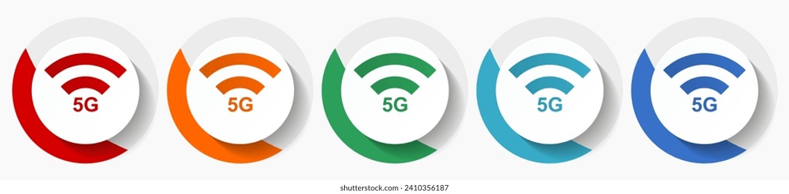 drahtlose 5G-Internetkommunikation, Netzwerk-Vektorsymbol-Set, flache Symbole für Logo-Design, Webdesign und mobile Anwendungen, bunten runde Buttons