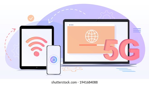 5g Internet.Concepto diseño web, desarrollo de páginas web.El proceso de trabajo.Página de inicio de plantilla para sitio web.Desarrollo web, optimización, experiencia de usuario.Elementos de diseño de sitio web, transferencia de datos. 