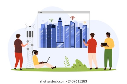 5G and IOT, data technology in smart city. Tiny people use internet network communication with high speed internet, control and change business tech projects with AI cartoon vector illustration