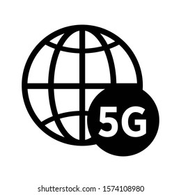 Icono de línea aislada 5G, vector de conexión de red inalámbrica de quinta generación. Símbolo de contorno de cuadrícula planetaria, dispositivos móviles de telecomunicación. Red web comercial, señal de velocidad y tráfico