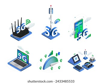 5G isometrisches Konzept. Internet-Technologien, Laptop und Kommunikationsturm. Router- und Cloud-Service, Geschwindigkeitsprüfung, digitale kernige Vektorszenen