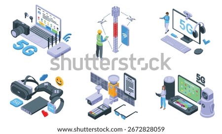 5g isometric concept. Modern wifi technologies, smart gadgets and positive icons. People using laptop, smartphone. Different devices nifty vector scenes