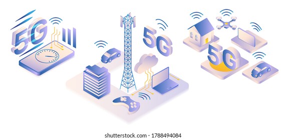 5G isometric concept set fifth generation network vector illustration