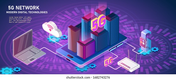 5g ilustración creativa isométrica. Smart city and Internet Devices, laptop, smartphone, smart watch y otros materiales. Ilustración isométrica de red de 5g.