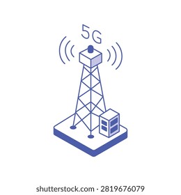 5g isometric telecommunication tower emitting wireless signals. Blue isometric tower representing 5G cellular network infrastructure with signal waves and a base station. Ideal for technology articles or network infrastructure presentations.