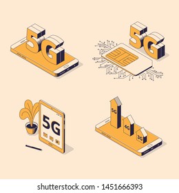 5G isometric vector illustration set with various digital gadgets with big sign of fifth generation.