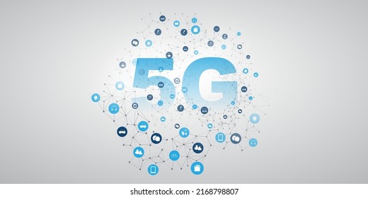 5G Label with Network Mesh, Icons Representing Various Digital Services - High Speed Broadband Mobile Telecommunication and Wireless Internet Design, New Cutting Edge Global Mobile Technology Concept
