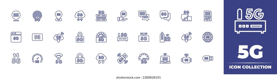 Colección de iconos de línea 5G. Trazo editable. Ilustración vectorial. Conteniendo ubicación, 5g, simétrico, hosting, conversación, dispositivo, tarjeta sim, navegador, red global, router, ciudad inteligente, global.