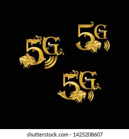 5G logo design with golden vintage ​Victorian​ elements on black background​