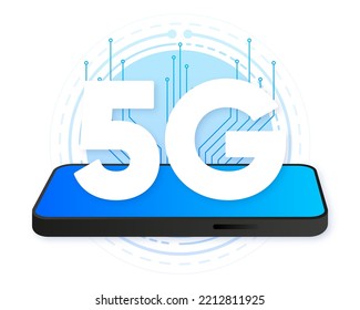 logotipo de 5g en el teléfono de pantalla azul. Icono de tecnología de red. Ilustración vectorial.