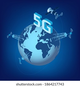 5G LTE technology of high speed data transmission with isometric satellite flying around the planet Earth and transmission towers. Design element for website or banner. Vector illustration.