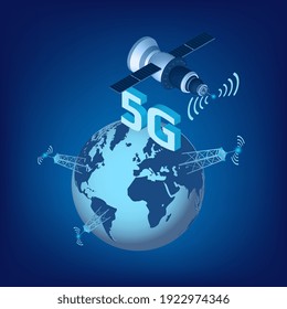 5G LTE technology of high speed data transmission with isometric satellite flying over the planet Earth and high transmission towers. Design element for website or banner. Vector illustration.