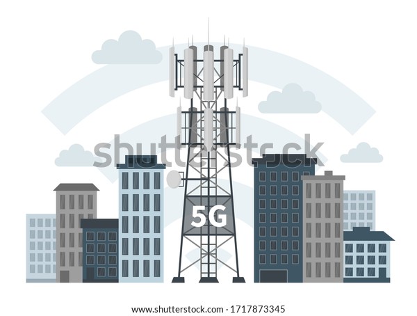 白い背景にスマートシティの5gマスト基地局 革新的なテクノロジーとしてのモバイルデータタワー 通信アンテナ 信号 携帯機器の平らなベクターイラスト のベクター画像素材 ロイヤリティフリー