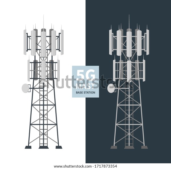 5G mast base stations set on\
white and dark background, flat vector illustration of mobile data\
towers, telecommunication antennas and signal, cellular\
equipment.